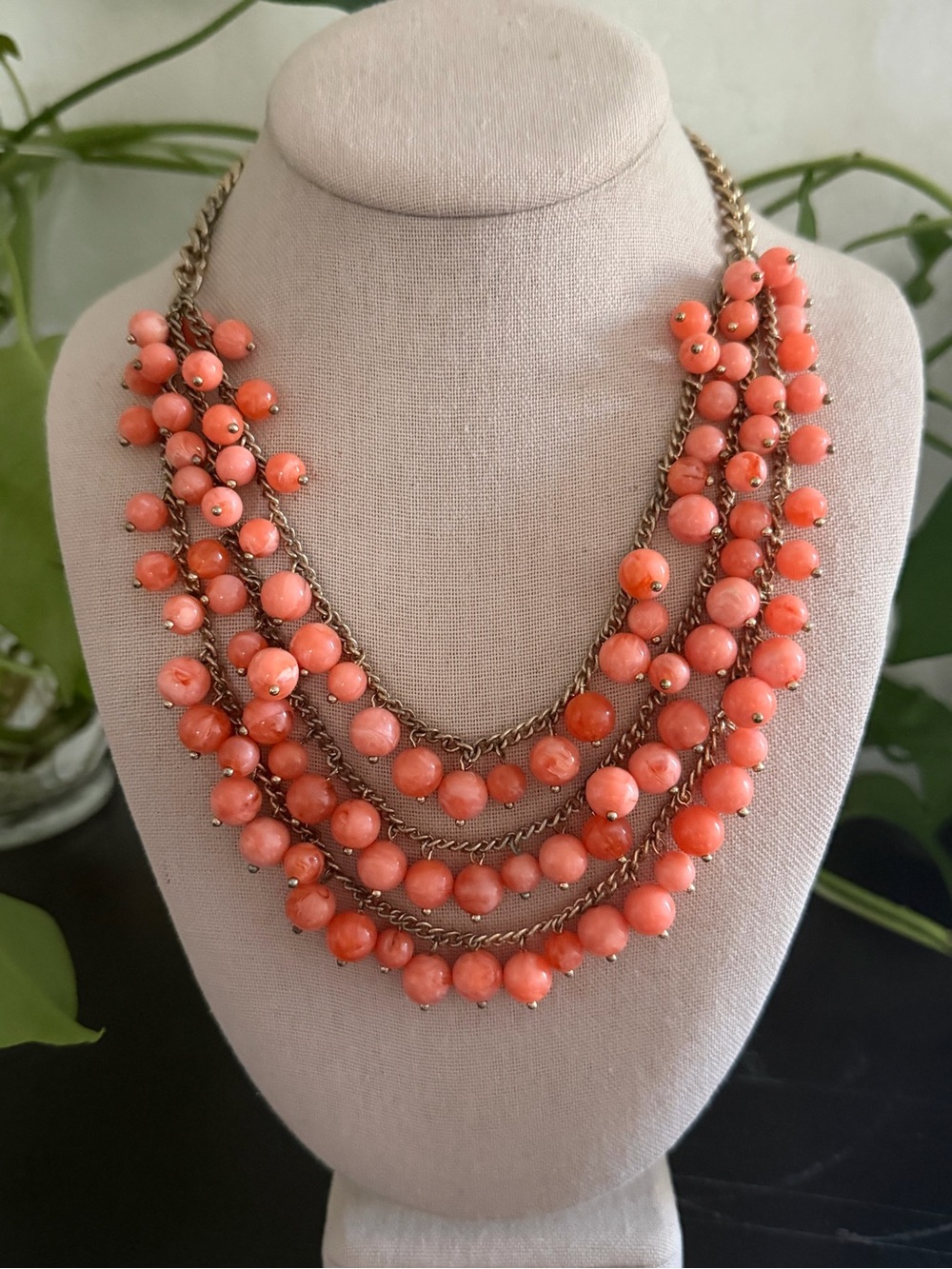 Vintage Coral Lucite Multi-Strand Dangle Beads Statement Bib Beaded Necklace